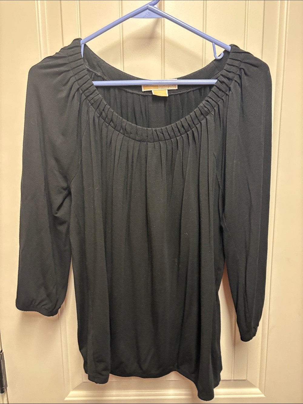 Michael Kors Black Scoop-Neck Long Sleeve Blouse with Gathered Yoke